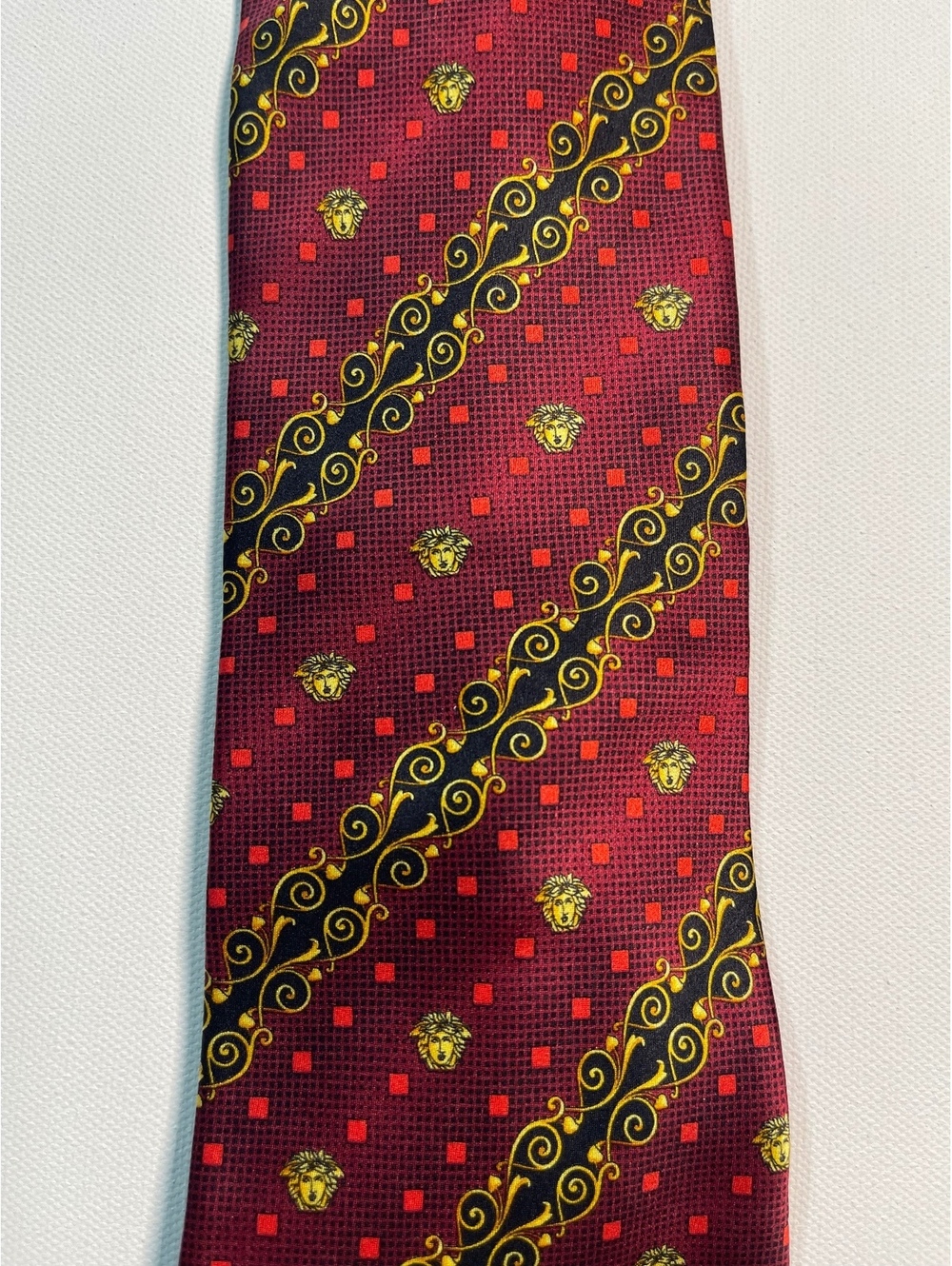 Gianni Versace Vintage Red Silk Tie with Gold and Black Meda
